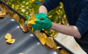 man wearing gloves removing leaves for gutter